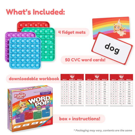 Word Pop game set with 4 colorful fidget mats, CVC word cards, workbook, and box for reading practice