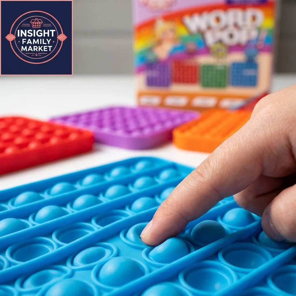 Finger pressing blue sensory pop it fidget toy, colorful learning tools in background