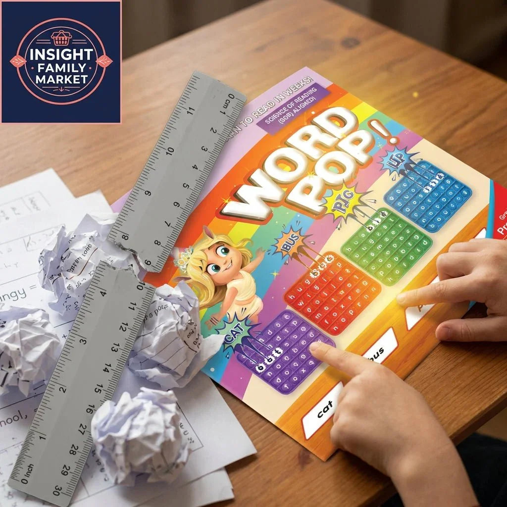 Child playing Word Pop educational game with colorful board, crumpled papers, and rulers on table