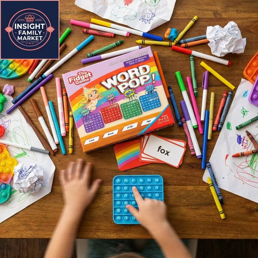 Child playing with fidget toy and Word Pop literacy game, surrounded by markers and drawings