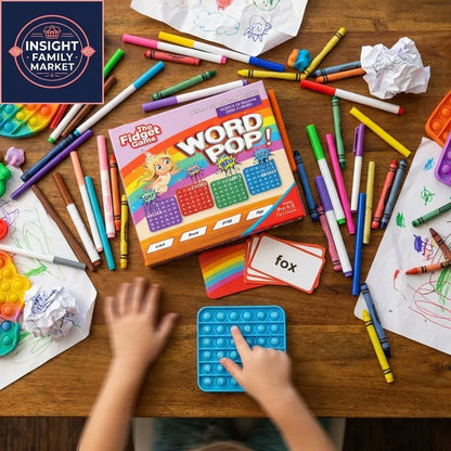 Child playing with fidget toy and Word Pop literacy game, surrounded by markers and drawings
