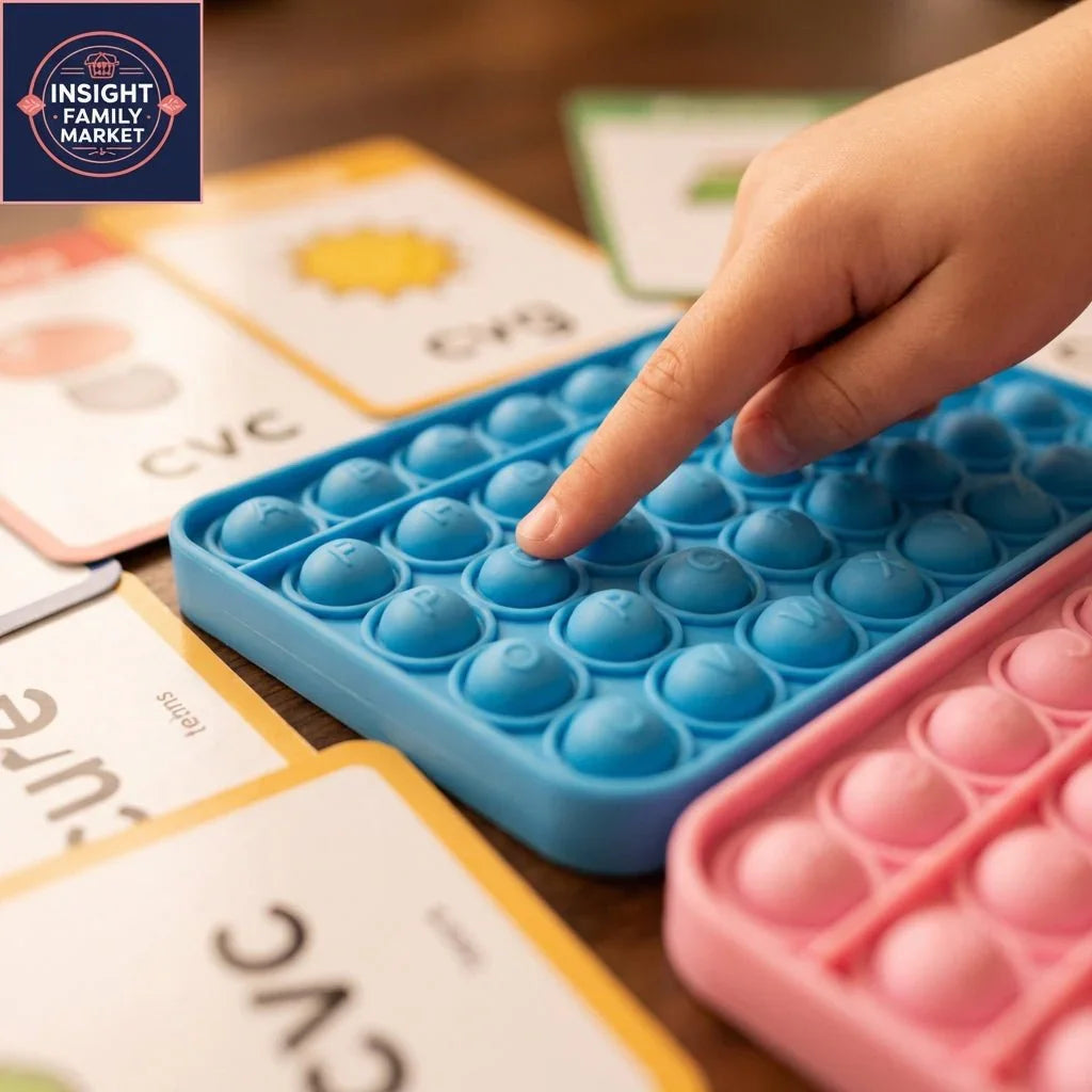 Child using tactile pop it letter board with CVC word cards for sensory literacy learning