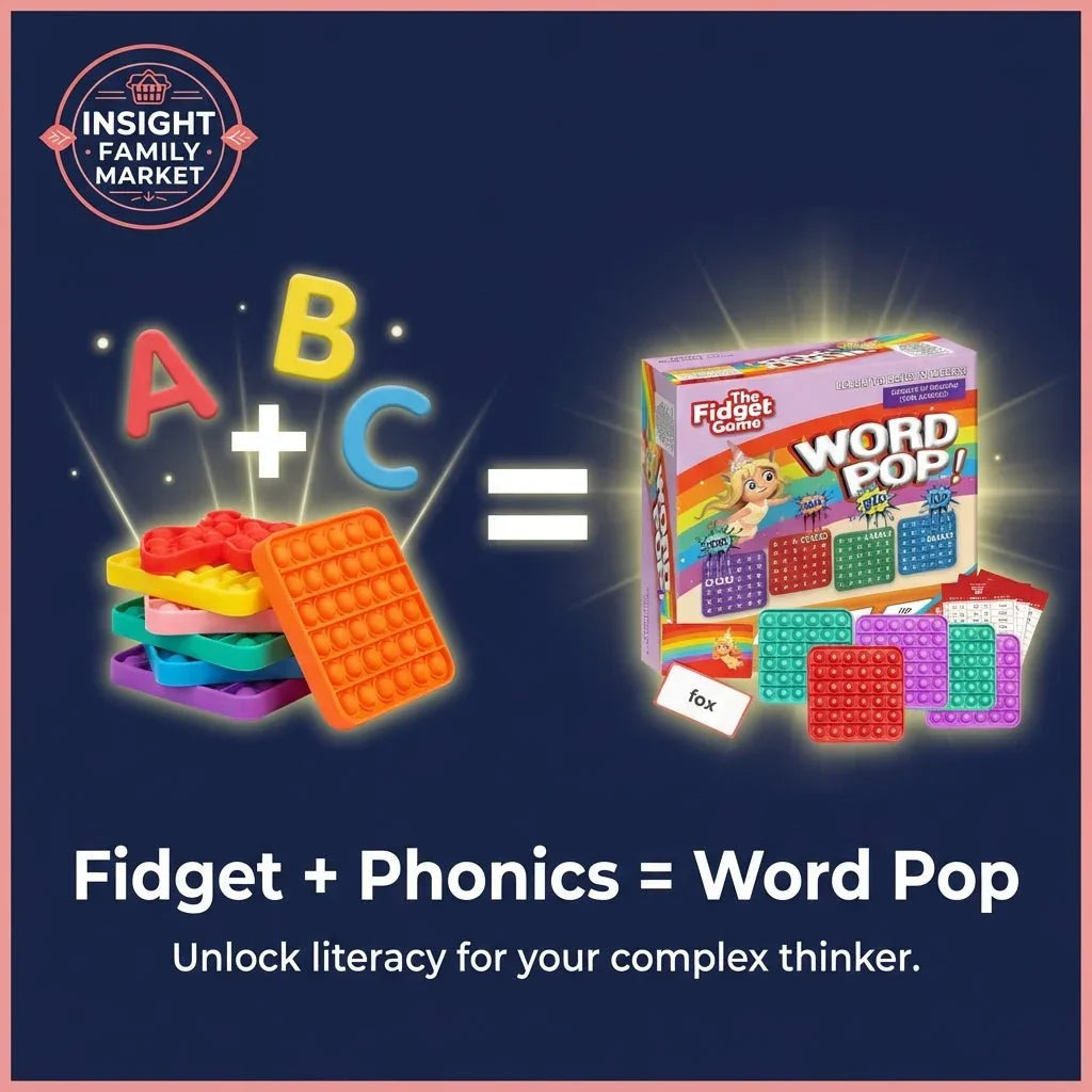 Colorful fidget poppers, alphabet letters, and Word Pop phonics literacy game box on dark background.