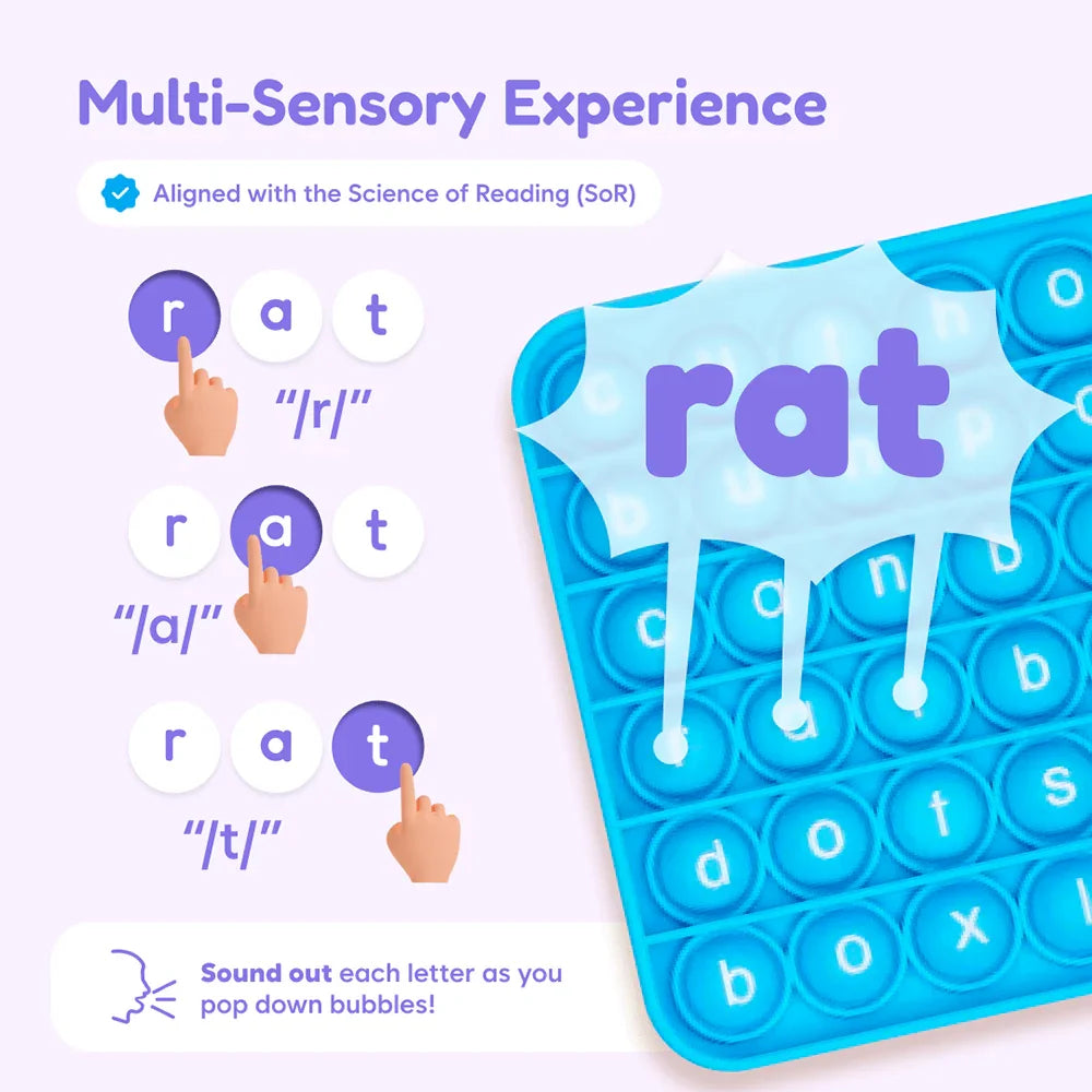 Blue fidget mat with pop bubbles and learning activity spelling 'rat,' multisensory reading tool.