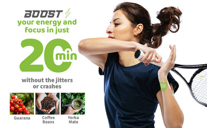 Woman holding a supplement with text about boosting energy and focus, featuring guarana, coffee beans, and yerba mate.
