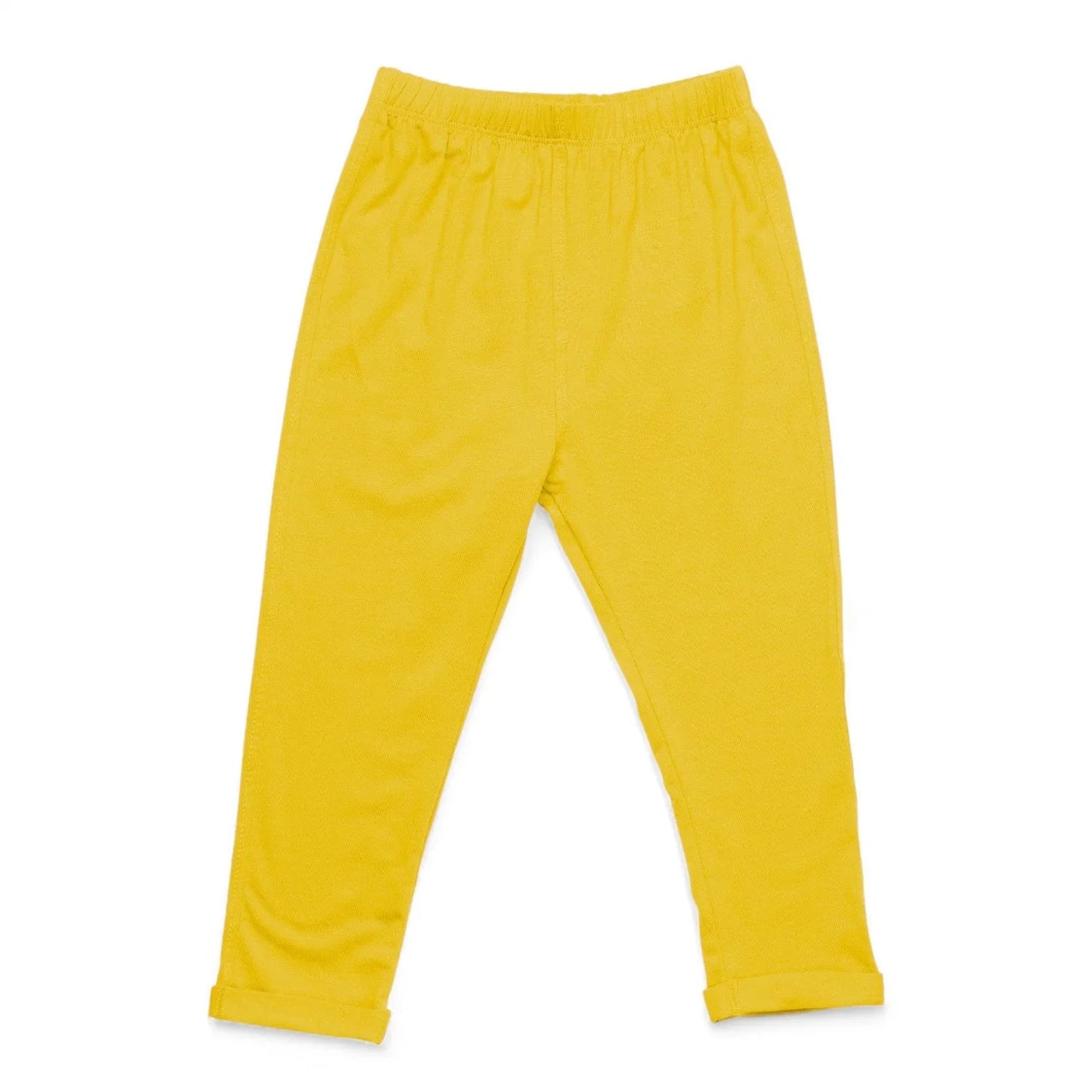 Bright yellow sensory-friendly kids pants with elastic waist, front view on white background