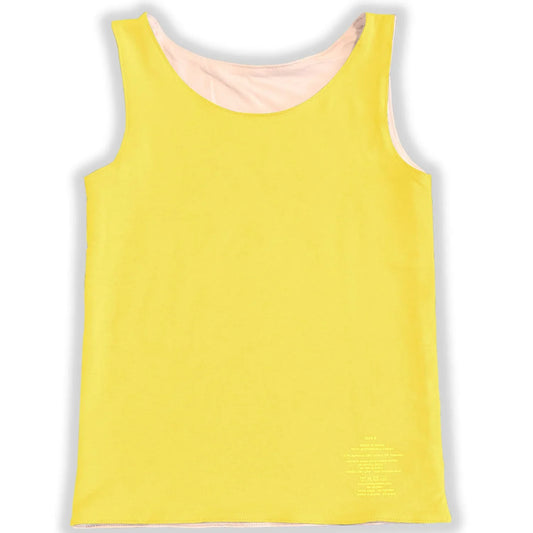 Sensory-friendly yellow tank top with soft fabric, flat seams, front view