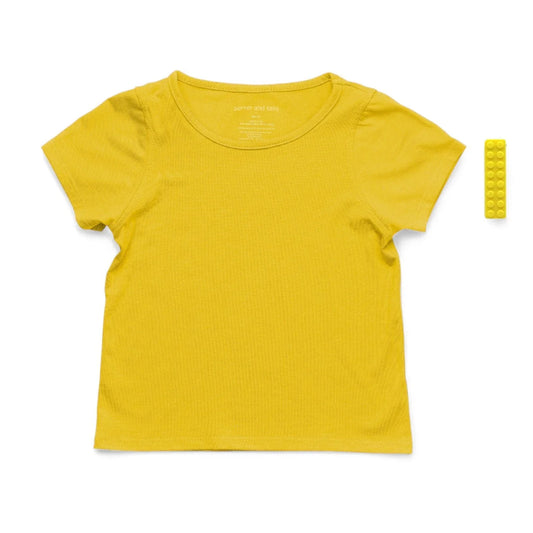 Yellow sensory-friendly short sleeve t-shirt with matching textured chew necklace.
